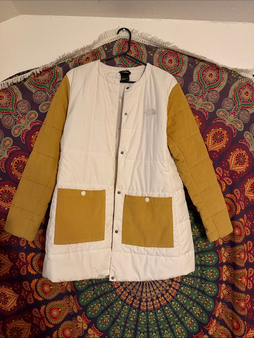 The North Face Women's White Coat with Mustard Sleeves & Pockets